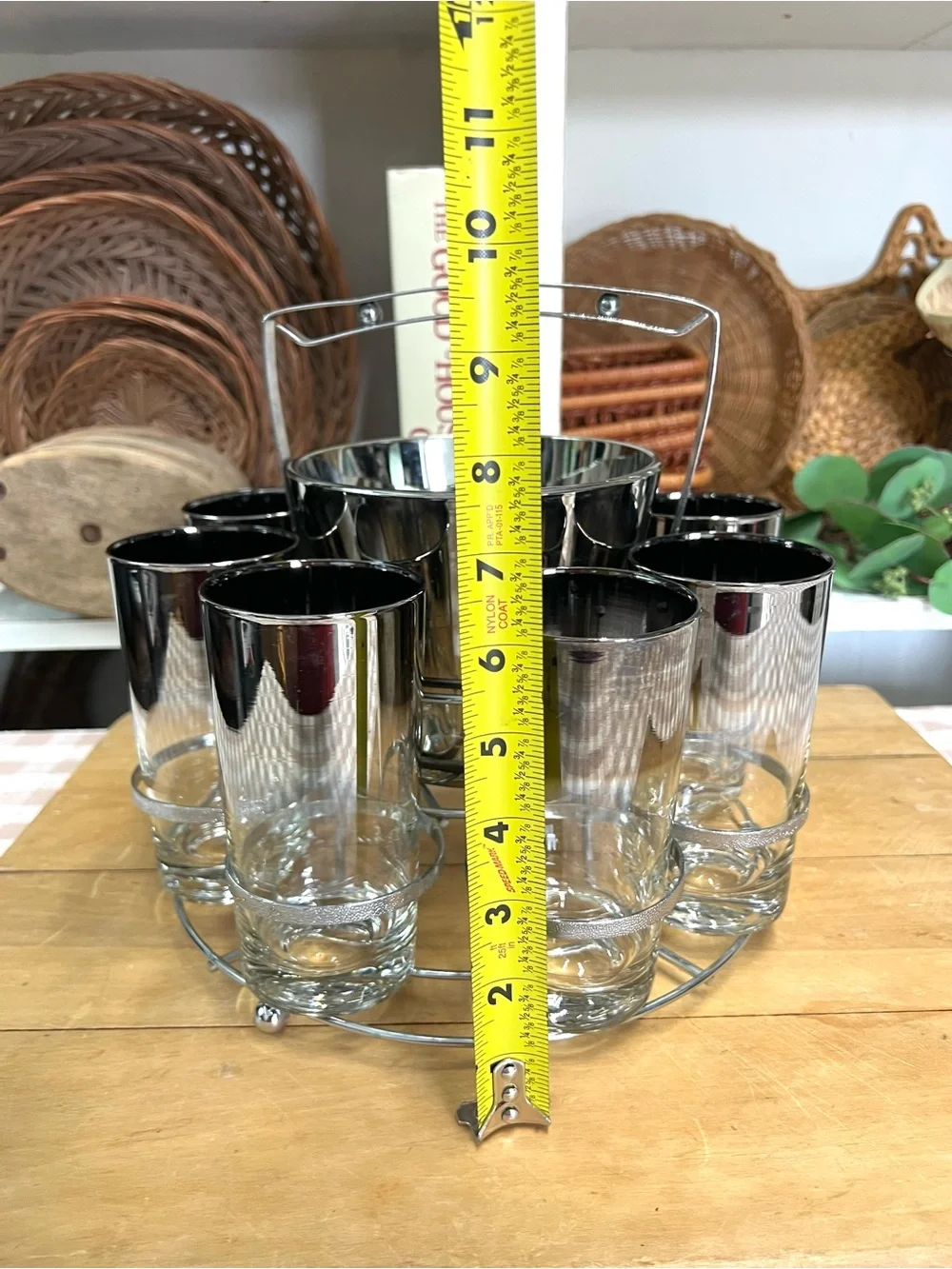 Vintage barware ice bucket glass highball tumblers caddy silver mid century